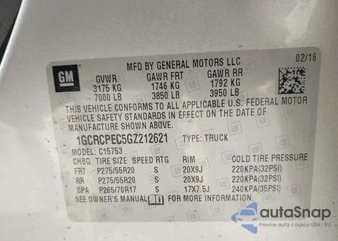 2016 Chevrolet Silverado 1500 Custom z USA, uszkodzony, nr VIN 1GCRCPEC5GZ212621